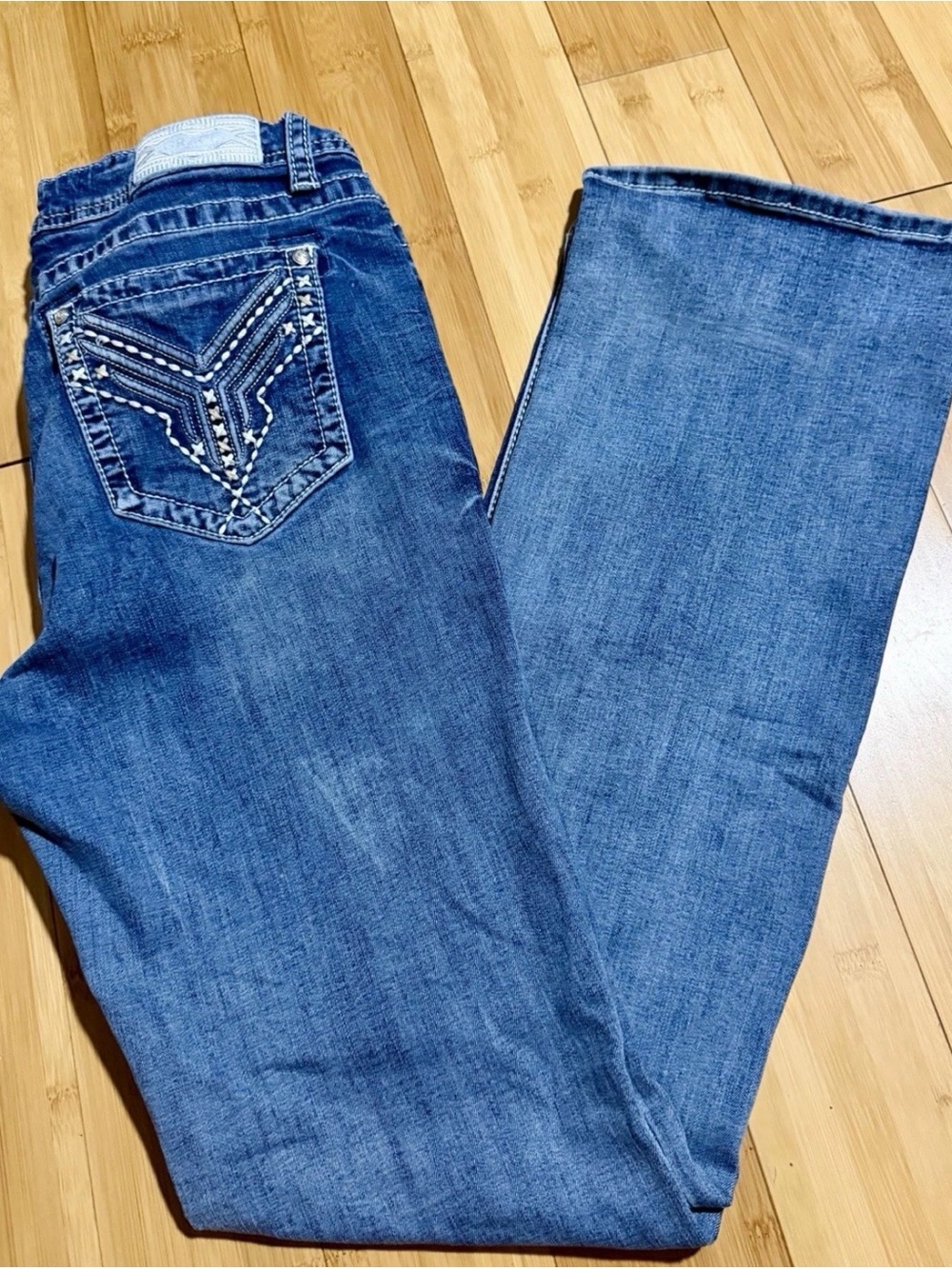 Grace Women's Medium Blue Bootcut Jeans with Embellished Back Pockets